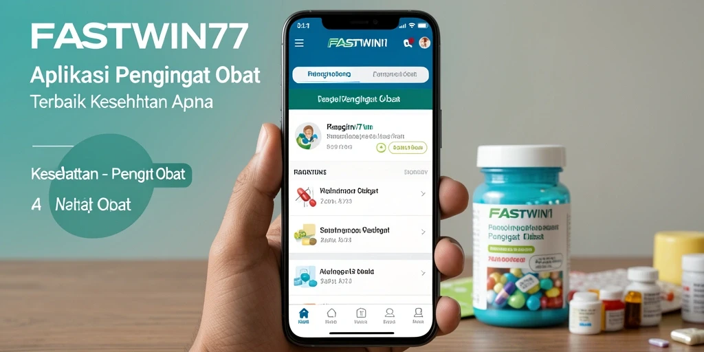 Tampilan antarmuka FASTWIN77 dengan fitur Pengingat Obat yang praktis.
