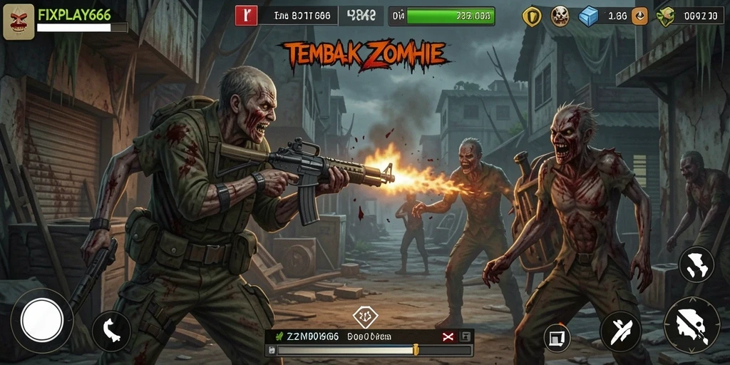 Antarmuka FIXPLAY666 menampilkan aksi intense melawan zombie.